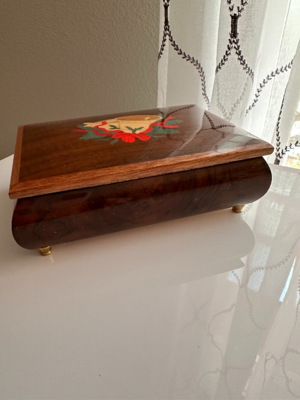 Reuge Burl Wood Music Jewelry Box Plays Silver Bells Swiss Movement